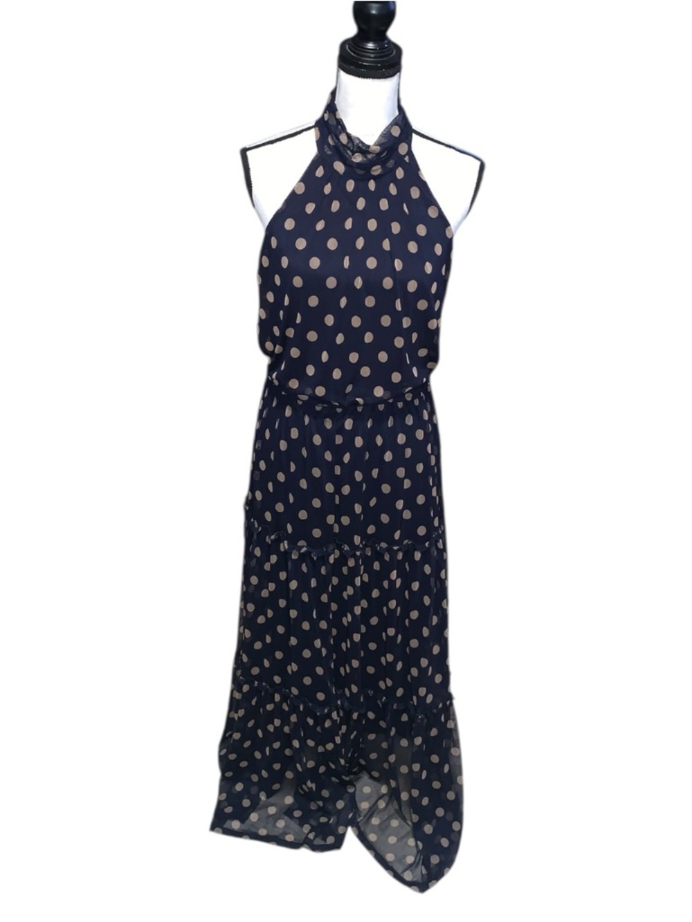 Kate And Lily Woman's Maxi Dress Halter Size 14 Navy Tiered Skirt Polka Dots